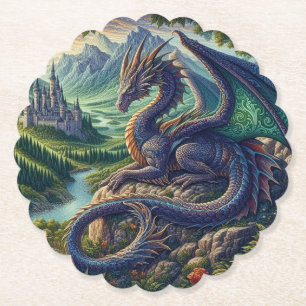 Colorful, Medieval Dragon castle Paper Coaster