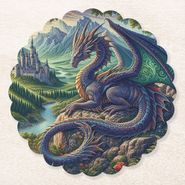 Colorful, Medieval Dragon castle Paper Coaster (Front)