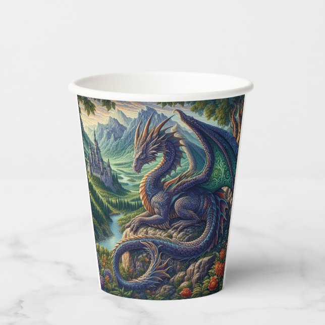 Colorful, Medieval Dragon castle Paper Cups (Front)