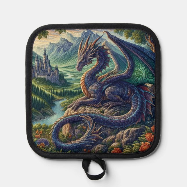 Colorful, Medieval Dragon castle Pot Holder (Front)