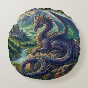 Colorful, Medieval Dragon castle Round Pillow