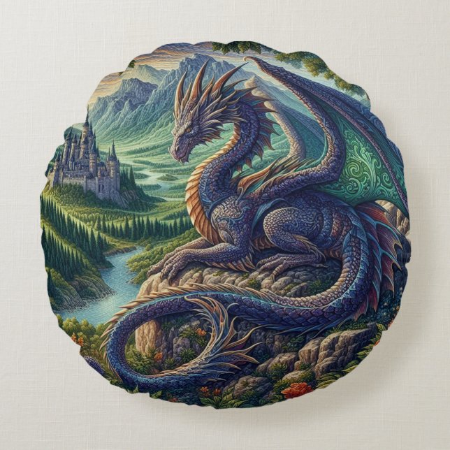 Colorful, Medieval Dragon castle Round Pillow (Front)