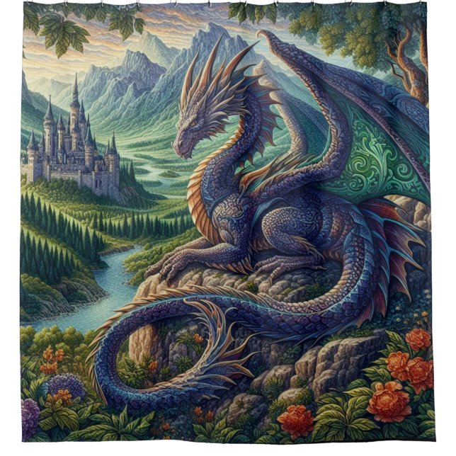 Colorful, Medieval Dragon castle Shower Curtain (Front)