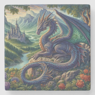 Colorful, Medieval Dragon castle Stone Coaster
