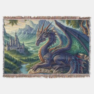 Colorful, Medieval Dragon castle Throw Blanket