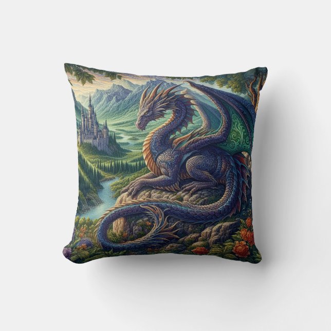 Colorful, Medieval Dragon castle Throw Pillow (Front)