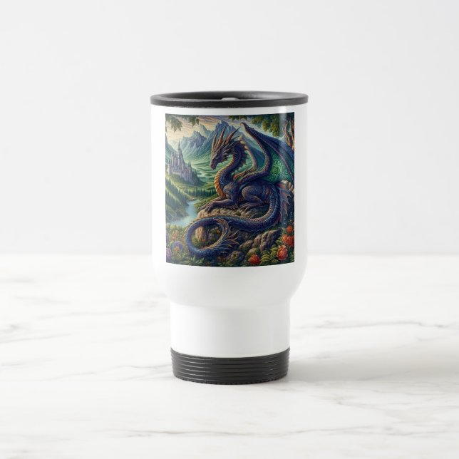 Colorful, Medieval Dragon castle Travel Mug (Center)