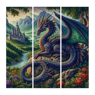 Colorful, Medieval Dragon castle Triptych
