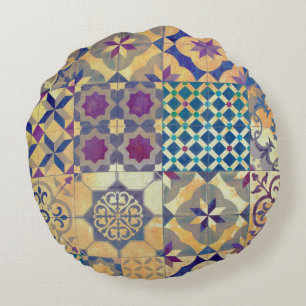 Colorful Mediterranean & Aegean traditional tiles Round Pillow