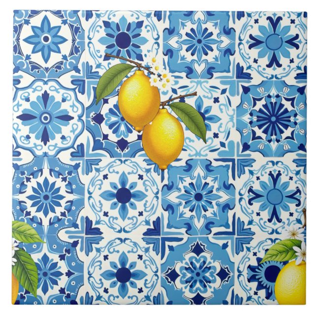 Colorful,Mediterranean,mosaic,blue,lemon, Ceramic Tile (Front)