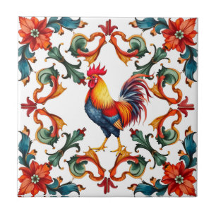 Colorful,Mediterranean,mosaic,rooster,bird, Ceramic Tile