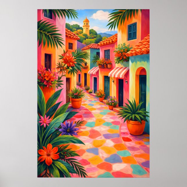 Colorful Mediterranean Street Poster, Vibrant Poster (Front)