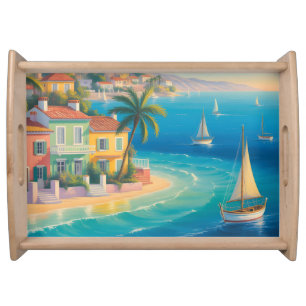 Colorful Mediterranean Village on Tropical Beach Serving Tray