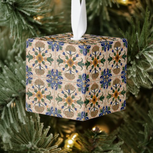 Colorful Mediterranean Vintage Floral Christmas Cube Ornament
