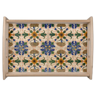 Colorful Mediterranean Vintage Floral Pattern Serving Tray