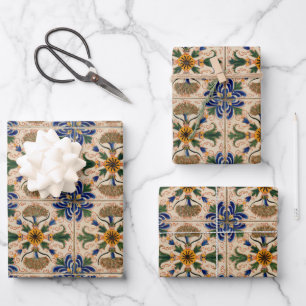 Colorful Mediterranean Vintage Floral Pattern Wrapping Paper Sheets