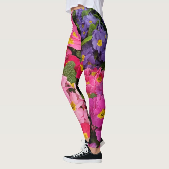 Colorful Medley Pink Blue Purple Primula Flowers Leggings (Left)