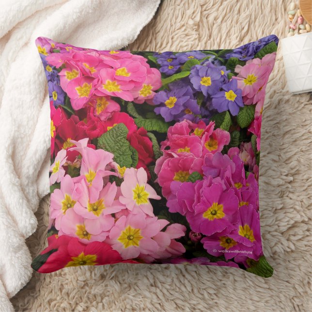 Colorful Medley Pink Blue Purple Primula Flowers Throw Pillow (Blanket)