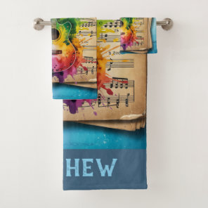 Colorful Melody: Painted Guitar on Vintage Music Bath Towel Set