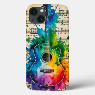 Colorful Melody: Painted Guitar on Vintage Music iPhone 13 Case