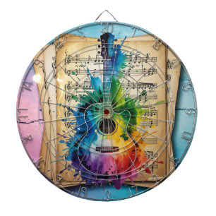 Colorful Melody: Painted Guitar on Vintage Music Dart Board