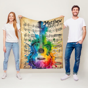 Colorful Melody: Painted Guitar on Vintage Music Fleece Blanket