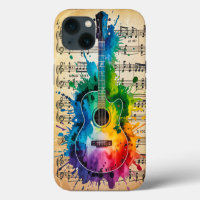 Colorful Melody: Painted Guitar on Vintage Music