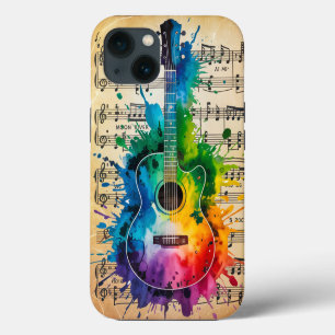 Colorful Melody: Painted Guitar on Vintage Music iPhone 13 Case