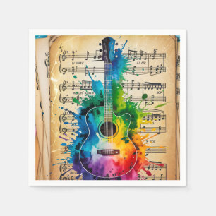 Colorful Melody: Painted Guitar on Vintage Music Napkins
