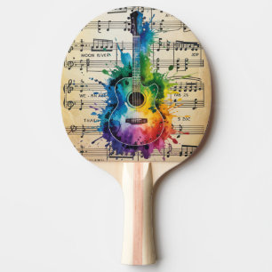 Colorful Melody: Painted Guitar on Vintage Music Ping Pong Paddle