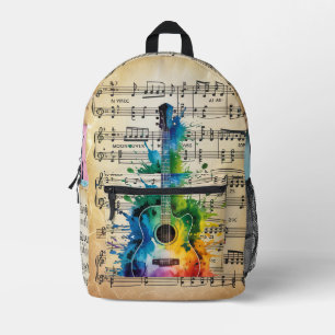 Colorful Melody: Painted Guitar on Vintage Music Printed Backpack