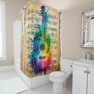 Colorful Melody: Painted Guitar on Vintage Music Shower Curtain