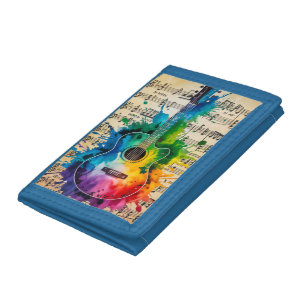 Colorful Melody: Painted Guitar on Vintage Music Tri-fold Wallet
