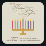 Colorful Menorah Hanukkah Square Sticker<br><div class="desc">Here's a fun graphic look for a Hanukkah sticker. A colorful menorah highlights a striped taupe colored panel with an ornate "Festival of Lights" in a typographic treatment above. A special customized message goes underneath. Great as envelope seals or for sticking on holiday packages or gifts. Available in alternate colors...</div>