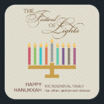 Colorful Menorah Hanukkah Square Sticker<br><div class="desc">Here's a fun graphic look for a Hanukkah sticker. A colorful menorah highlights a striped taupe colored panel with an ornate "Festival of Lights" in a typographic treatment above. A special customized message goes underneath. Great as envelope seals or for sticking on holiday packages or gifts. Available in alternate colors...</div>