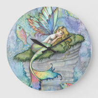 Colorful Mermaid and Carp Fish Fantasy Art Large Clock