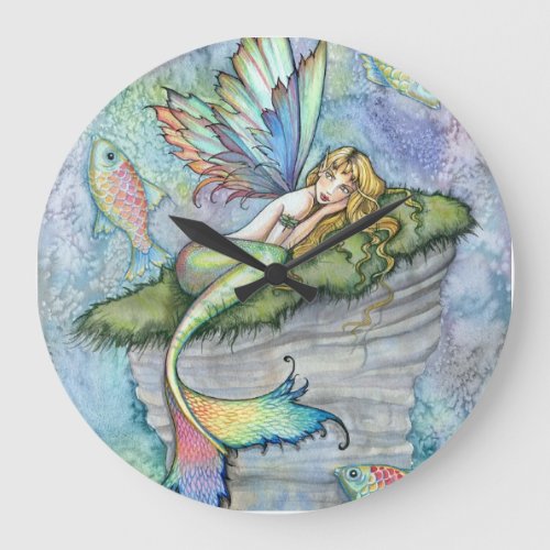 Colorful Mermaid and Carp Fish Fantasy Art Large Clock