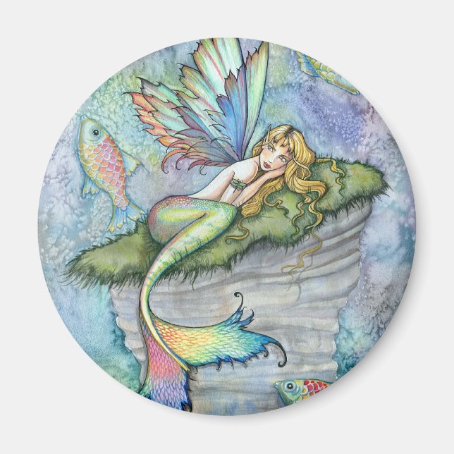 Colorful Mermaid and Carp Fish Fantasy Art Magnet (Front)