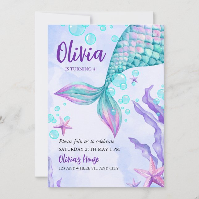 Colorful Mermaid Birthday Party Invitations  (Front)