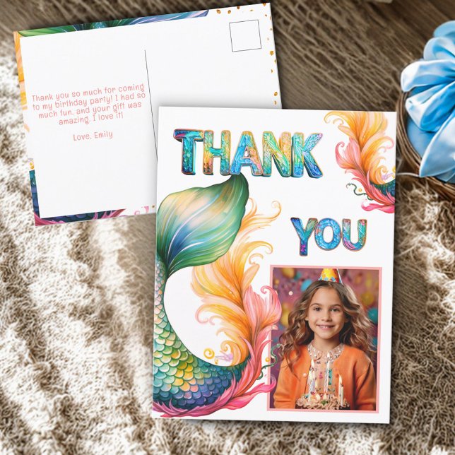 Colorful Mermaid Birthday Thank you Girl Photo Postcard (Creator Uploaded)