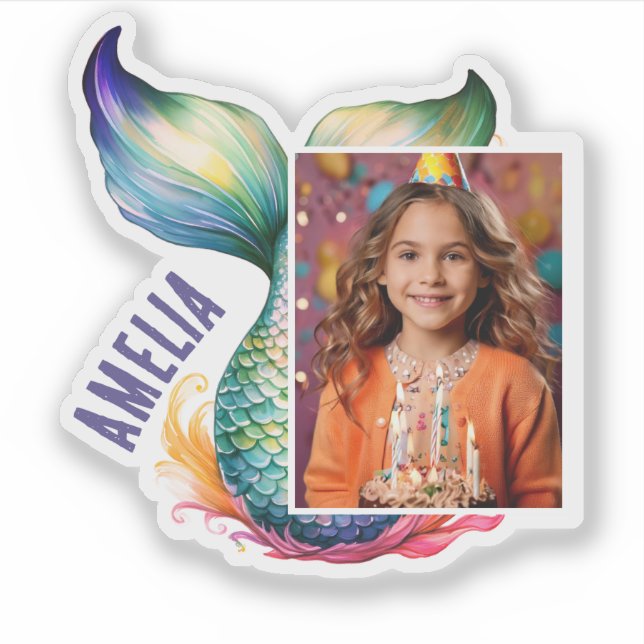 Colorful Mermaid Girl Name Photo Sticker (Front)