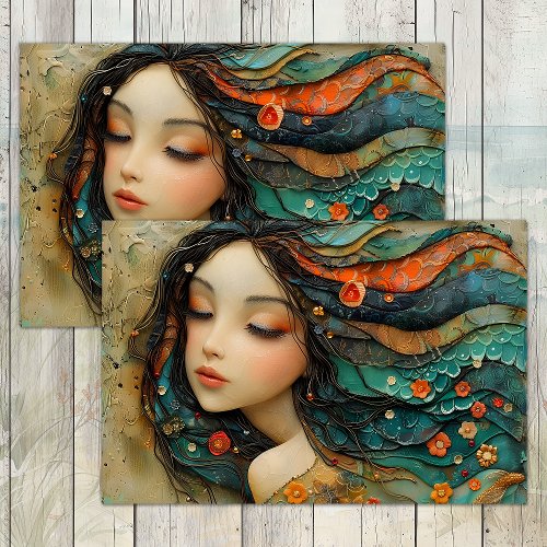 COLORFUL MERMAID IN MIXED MEDIA DECOUPAGE TISSUE PAPER