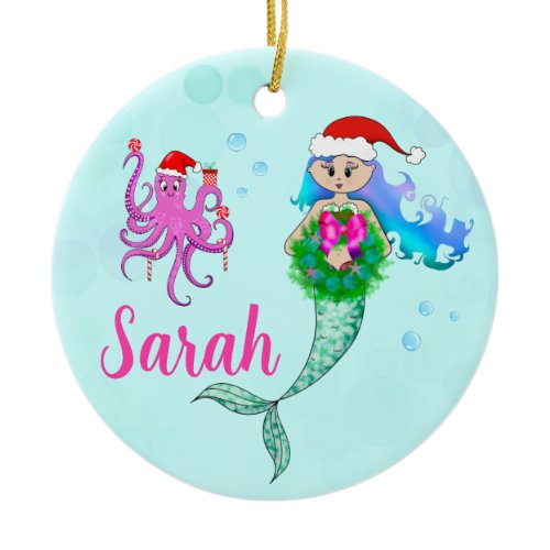 Colorful Mermaid &amp; Octopus Christmas Wreath  Ceramic Ornament