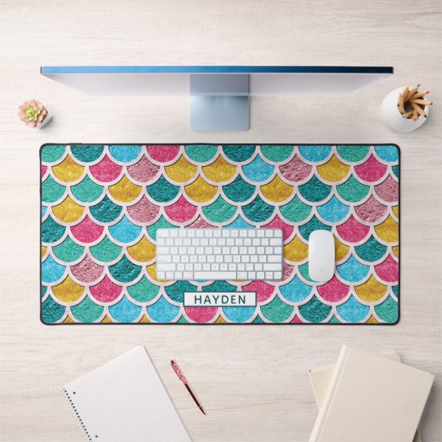 Colorful Mermaid Scales Add Name Desk Mat (Office 1)