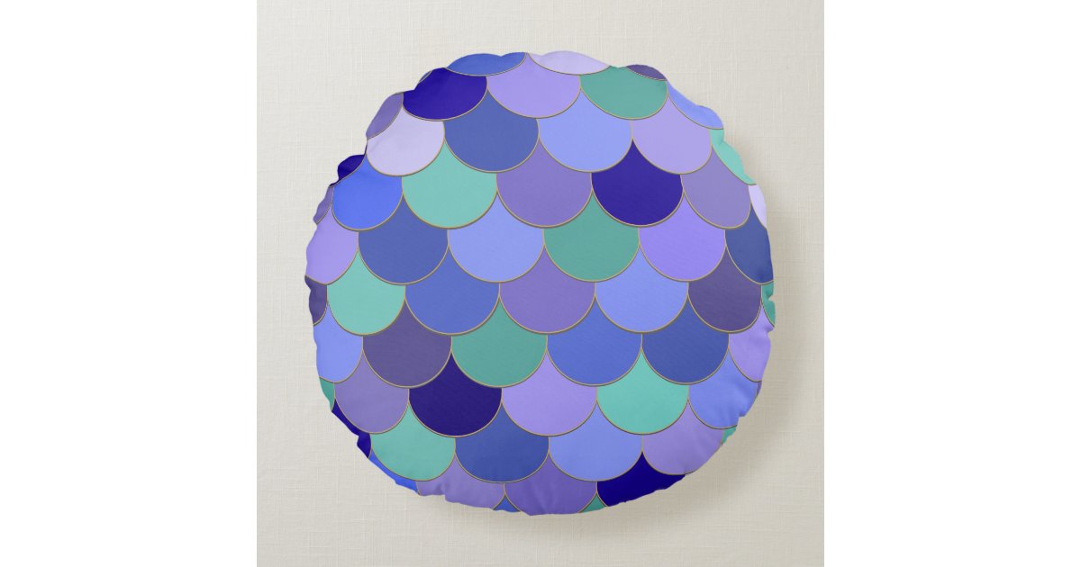 Colorful Mermaid Scales Aqua Teal Purple Blues Round Pillow | Zazzle