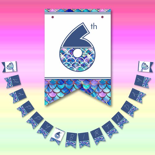 Colorful Mermaid Scales Little Girls 6th Birthday Bunting Flags