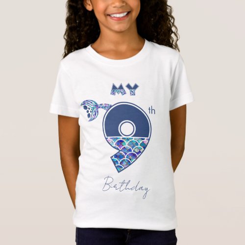 Colorful Mermaid Scales Little Girls 9th Birthday T_Shirt