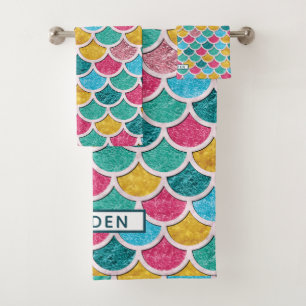 Colorful Mermaid Scales Monogram Bath Towel Set