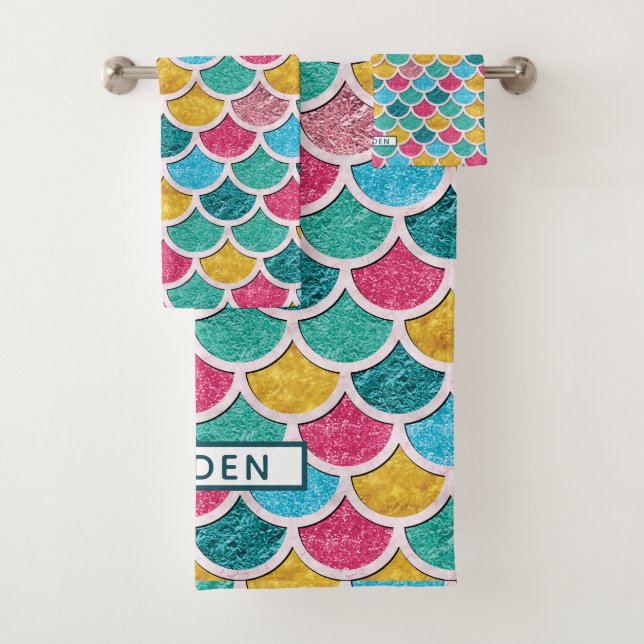 Colorful Mermaid Scales Monogram Bath Towel Set (Insitu)