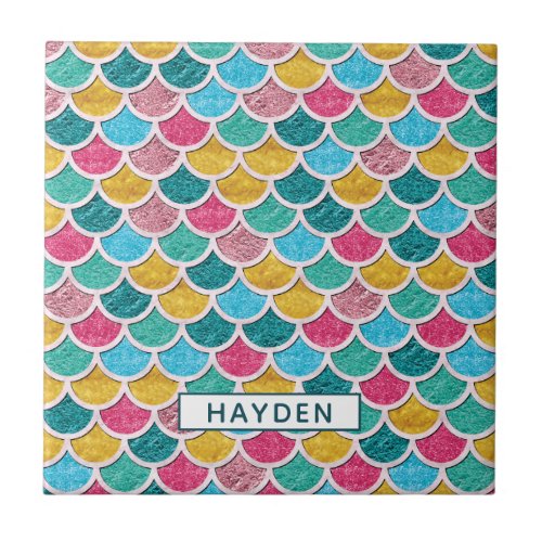 Colorful Mermaid Scales Monogram Ceramic Tile